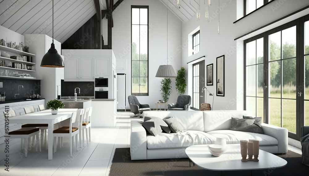 4K resolution or higher, Open plan living room with white kitchen ...