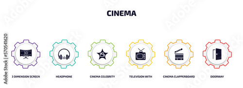 cinema infographic element with filled icons and 6 step or option. cinema icons such as 3 dimension screen, headphone, cinema celebrity, television with antenna, clapperboard, doorway vector.