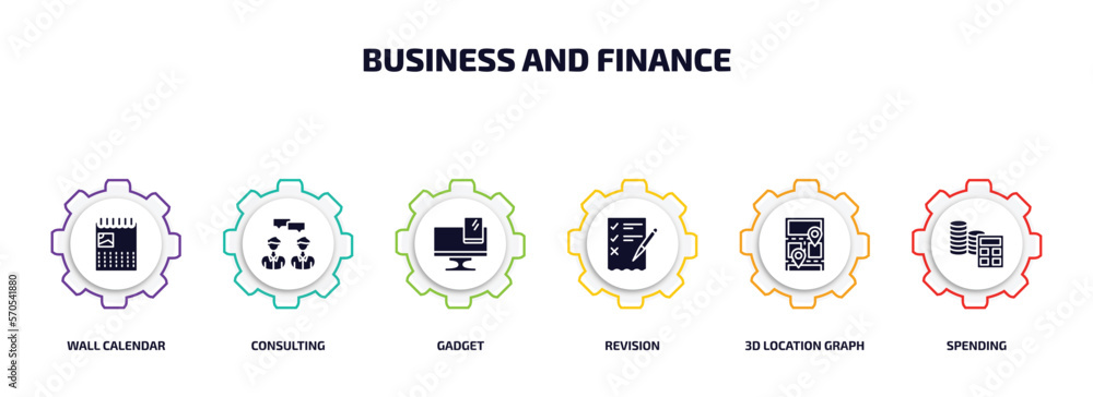 business and finance infographic element with filled icons and 6 step or option. business and finance icons such as wall calendar, consulting, gadget, revision, 3d location graph, spending vector. business and finance infographic element with filled icons and 6 step or option. business and finance icons such as wall calendar, consulting, gadget, revision, 3d location graph, spending vector.