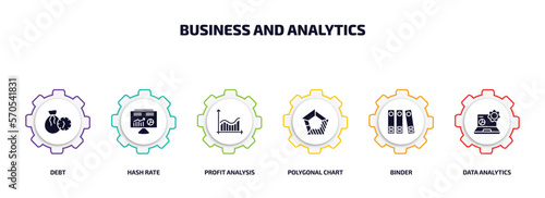 business and analytics infographic element with filled icons and 6 step or option. business and analytics icons such as debt, hash rate, profit analysis, polygonal chart, binder, data analytics
