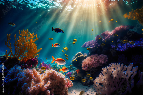 Discover this impressive view of an exotic clear blue sea floor with brightly colored fish illuminated by the warm rays of the sun. Generative AI