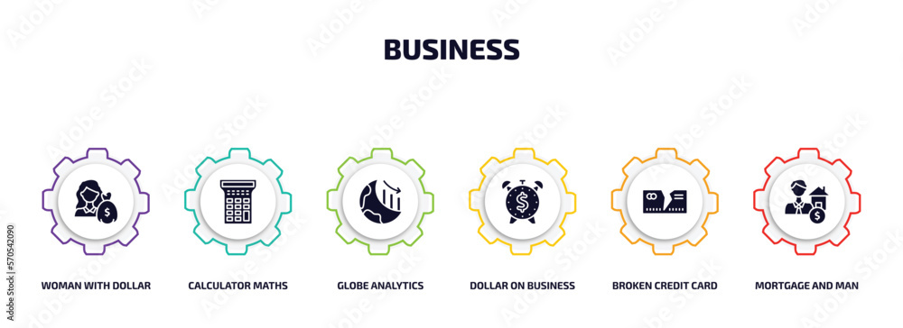business infographic element with filled icons and 6 step or option. business icons such as woman with dollar bill, calculator maths tool, globe analytics, dollar on business time, broken credit business infographic element with filled icons and 6 step or option. business icons such as woman with dollar bill, calculator maths tool, globe analytics, dollar on business time, broken credit