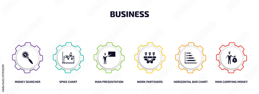 business infographic element with filled icons and 6 step or option. business icons such as money searcher, spike chart, man presentation, work parteners, horizontal bar chart, man carrying money business infographic element with filled icons and 6 step or option. business icons such as money searcher, spike chart, man presentation, work parteners, horizontal bar chart, man carrying money