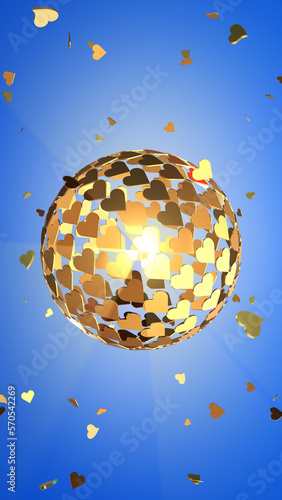 Abstract 3d sphere. Romantic blue vertical background with a golden heart balloon. Beautiful background for Valentine's day. 