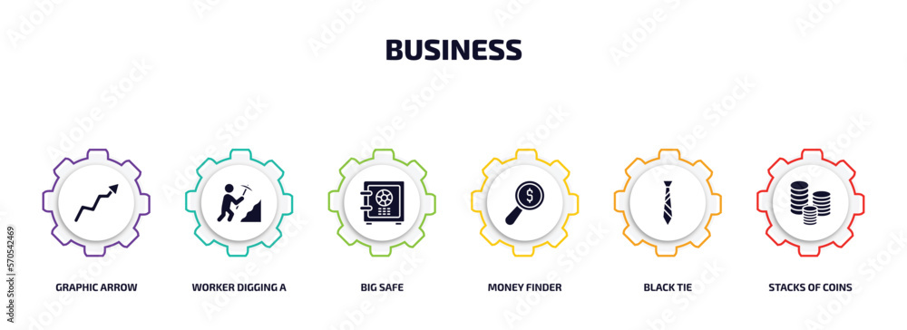 business infographic element with filled icons and 6 step or option. business icons such as graphic arrow, worker digging a hole, big safe, money finder, black tie, stacks of coins vector. business infographic element with filled icons and 6 step or option. business icons such as graphic arrow, worker digging a hole, big safe, money finder, black tie, stacks of coins vector.
