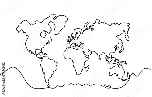 World map continuous line drawing. Hand drawn simple stylized continents silhouette. Continuous line drawing. Isolated vector illustration