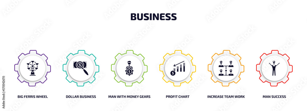 business infographic element with filled icons and 6 step or option. business icons such as big ferris wheel, dollar business search, man with money gears, profit chart, increase team work, man