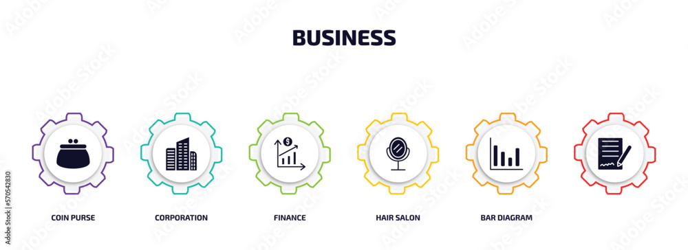 business infographic element with filled icons and 6 step or option. business icons such as coin purse, corporation, finance, hair salon, bar diagram, vector. business infographic element with filled icons and 6 step or option. business icons such as coin purse, corporation, finance, hair salon, bar diagram, vector.