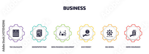 business infographic element with filled icons and 6 step or option. business icons such as tax calculate, newspaper page, boss reading a document, give money, big wheel, home insurance vector.