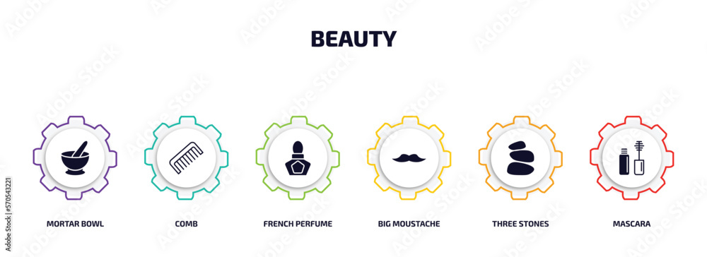 beauty infographic element with filled icons and 6 step or option. beauty icons such as mortar bowl, comb, french perfume, big moustache, three stones, mascara vector. beauty infographic element with filled icons and 6 step or option. beauty icons such as mortar bowl, comb, french perfume, big moustache, three stones, mascara vector.