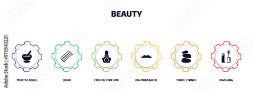 beauty infographic element with filled icons and 6 step or option. beauty icons such as mortar bowl, comb, french perfume, big moustache, three stones, mascara vector.