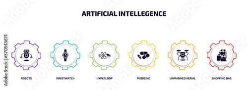 artificial intellegence infographic element with filled icons and 6 step or option. artificial intellegence icons such as robots, wristwatch, hyperloop, medicine, unmanned aerial vehicle, shopping