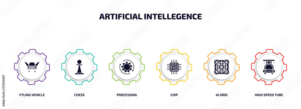 artificial intellegence infographic element with filled icons and 6 step or option. artificial intellegence icons such as fyling vehicle, chess, processing, chip, ai grid, high speed tube vector. artificial intellegence infographic element with filled icons and 6 step or option. artificial intellegence icons such as fyling vehicle, chess, processing, chip, ai grid, high speed tube vector.