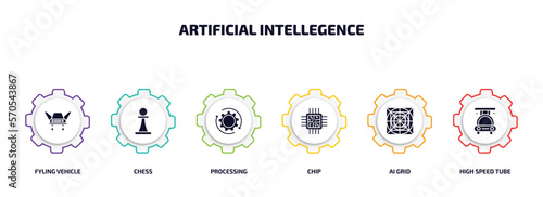 artificial intellegence infographic element with filled icons and 6 step or option. artificial intellegence icons such as fyling vehicle, chess, processing, chip, ai grid, high speed tube vector.