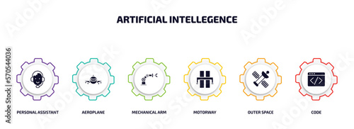 artificial intellegence infographic element with filled icons and 6 step or option. artificial intellegence icons such as personal assistant, aeroplane, mechanical arm, motorway, outer space, code