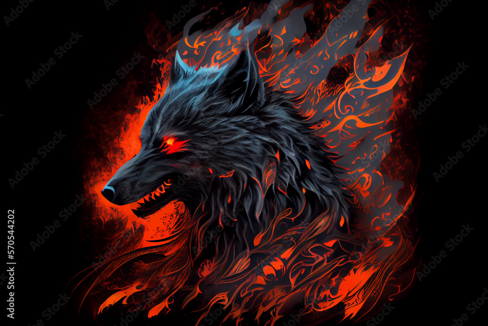 Wolf head on fire illustration, generative ai Wolf head on fire illustration, generative ai