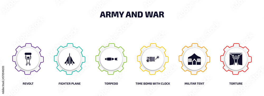 army and war infographic element with filled icons and 6 step or option. army and war icons such as revolt, fighter plane, torpedo, time bomb with clock, militar tent, torture vector. army and war infographic element with filled icons and 6 step or option. army and war icons such as revolt, fighter plane, torpedo, time bomb with clock, militar tent, torture vector.