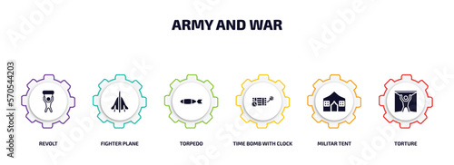 army and war infographic element with filled icons and 6 step or option. army and war icons such as revolt, fighter plane, torpedo, time bomb with clock, militar tent, torture vector.
