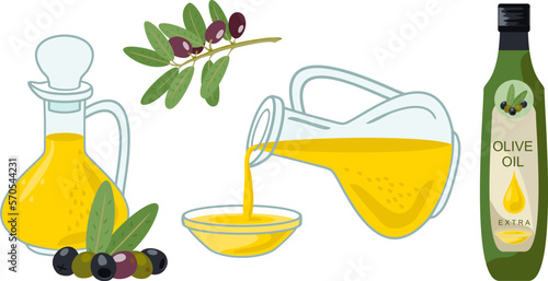 Olive oil in a jug and a bottle with olives and olive branches. Cartoon icon. For sticker, design element for menu, poster, label, packaging. Vector illustration isolated on white