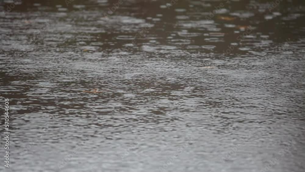 High angle lockdown shot of raindrops falling in lake during rainy season High angle lockdown shot of raindrops falling in lake during rainy season