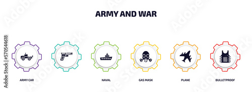 army and war infographic element with filled icons and 6 step or option. army and war icons such as army car, , naval, gas mask, plane, bulletproof vector.