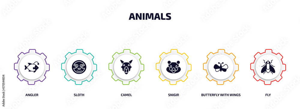 animals infographic element with filled icons and 6 step or option. animals icons such as angler, sloth, camel, snigir, butterfly with wings, fly vector. animals infographic element with filled icons and 6 step or option. animals icons such as angler, sloth, camel, snigir, butterfly with wings, fly vector.