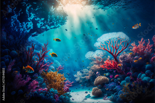 Crystal clear blue water and colorful exotic fish swimming in the sunlight that illuminates the ocean for a perfect idyllic setting. Generative AI