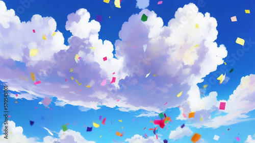 紙吹雪が舞うアニメ調の青空と雲 Anime-style blue sky and clouds with confetti