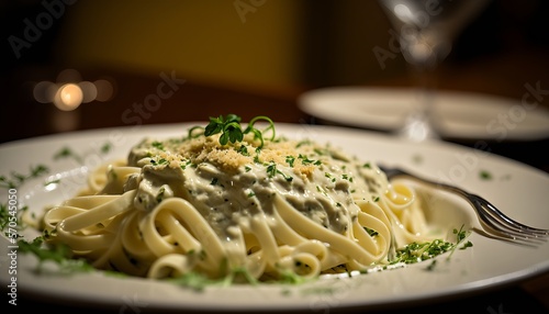 Alfredo pasta - a rich and creamy pasta dish made with a sauce of parmesan cheese, heavy cream, and butter , and lettuce on a 