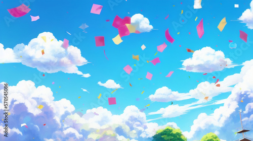 紙吹雪が舞うアニメ調の青空と雲 Anime-style blue sky and clouds with confetti