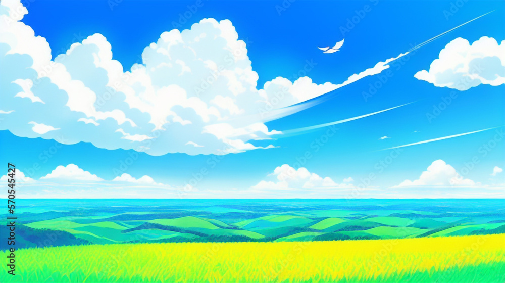 アニメ調の空の背景　流れる雲と清涼感　Anime-style sky background Flowing clouds and refreshing feeling