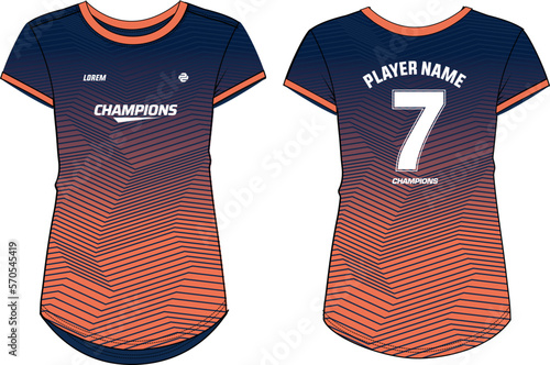 Women Sports Jersey t-shirt design concept Illustration, Abstract stripe pattern Round neck t shirt for girls and Ladies Volleyball jersey, Football, badminton, Soccer and netball, Sport uniform kit