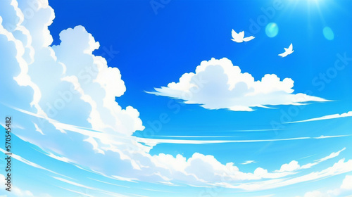 アニメ調の空の背景 流れる雲と清涼感 Anime-style sky background Flowing clouds and refreshing feeling