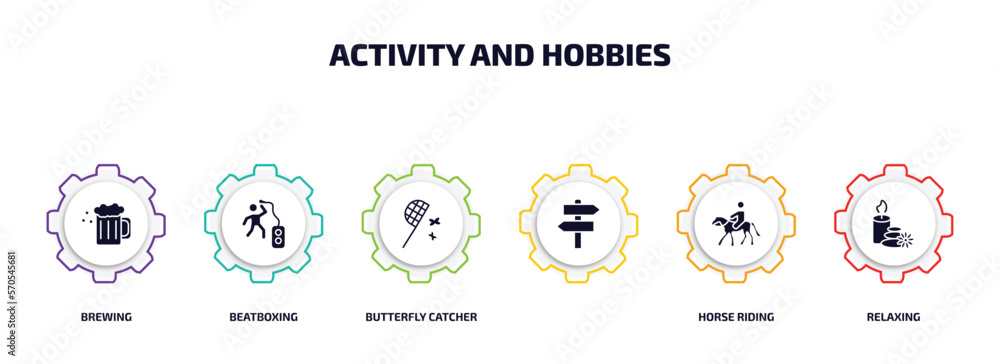 activity and hobbies infographic element with filled icons and 6 step or option. activity and hobbies icons such as brewing, beatboxing, butterfly catcher, , horse riding, relaxing vector.