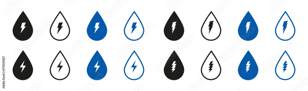 Water energy. Water drops with lightning. Vector icon isolated on white background. EPS 10 Water energy. Water drops with lightning. Vector icon isolated on white background. EPS 10