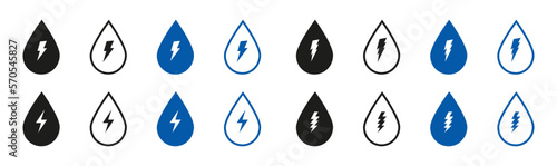 Water energy. Water drops with lightning.  Vector icon isolated on white background. EPS 10