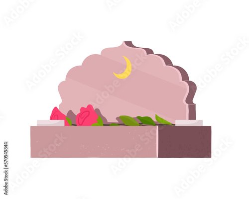 Cemetery. Muslim tombstone. Grave. Flowers on a stone. Pink bouquet. Vector illustration.