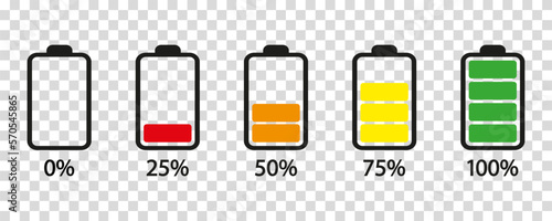 Battery charge level set. Battery charging, charge indicator. Battery icons going from 0 to 100% from red to green. EPS 10 photo