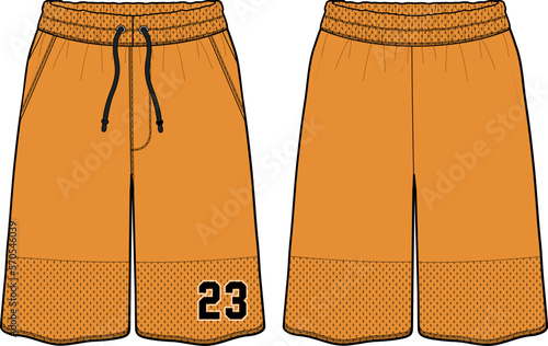 Basketball Shorts jersey design flat sketch vector illustration with front and back view for boxing, Baller, football, Volleyball, tennis, badminton and oversize active wear trail shorts design.