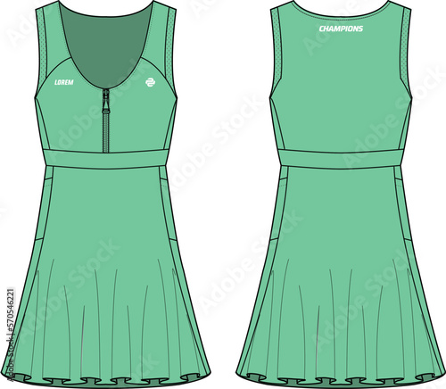 Women Sleeveless tennis dress sports top jersey design flat sketch fashion Illustration suitable for girls and Ladies, dress for tennis jersey, netball, badminton sport kit