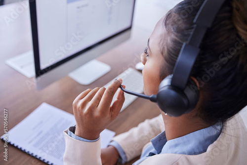 Fotografie Woman, call center and computer in telemarketing or desktop support for communication at office