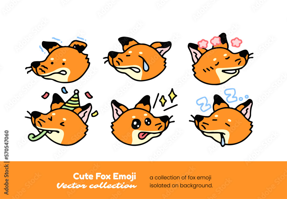 A set of cute fox emojis showing fear, being shy, crying, and sleeping, isolated on a background vector illustration. A set of cute fox emojis showing fear, being shy, crying, and sleeping, isolated on a background vector illustration.