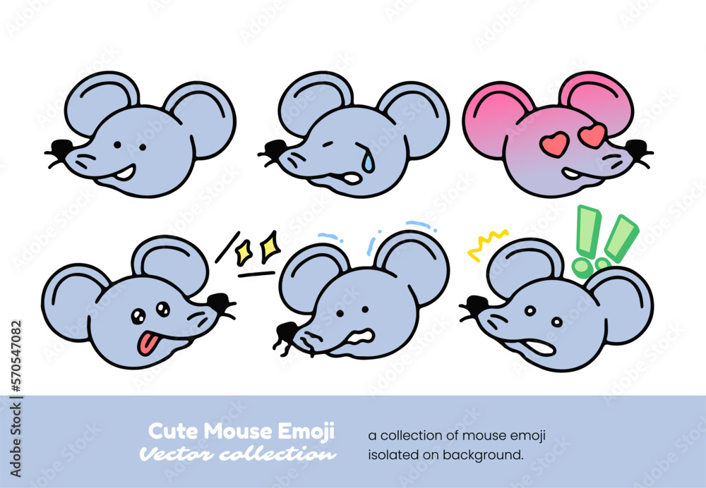 A set of cute mouse emojis pleading, showing love, crying, and showing shock, isolated on a background vector illustration.