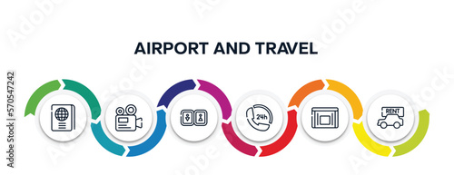 airport and travel outline icons with infographic template. thin line icons such as international passport, camera recorder, toilets, 24 hours phone attention service, sick bag, rent a car vector.