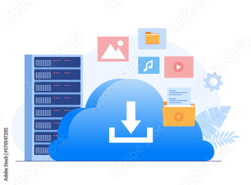 Cloud system, file download, database protection concept, data center, file management, flat illustration vector landing page template