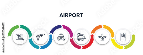 airport outline icons with infographic template. thin line icons such as no photos, airplane and airport tower, taxi transportation, two window carriage, directions arrows, prayer room vector.