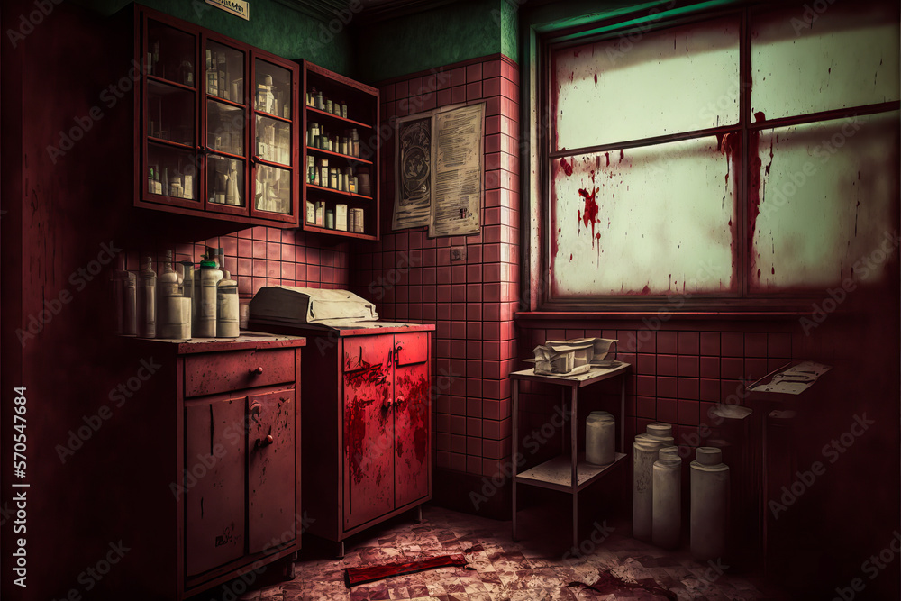 An old horror hospital with blood stains on the walls, a gloomy and scary view in a vintage style. Oppressive atmosphere, worthy of horror movies. Generative AI