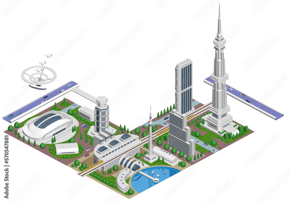 ブロックのように組み合わせれば大きな未来都市になる街並みイラスト「ブロックタウン未来都市A」
バリエーションあり