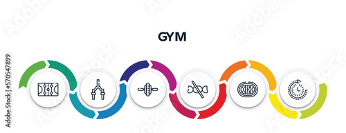 gym outline icons with infographic template. thin line icons such as ice court, bicycle fork, electric unicycle, no sweets, hockey arena, routine vector.
