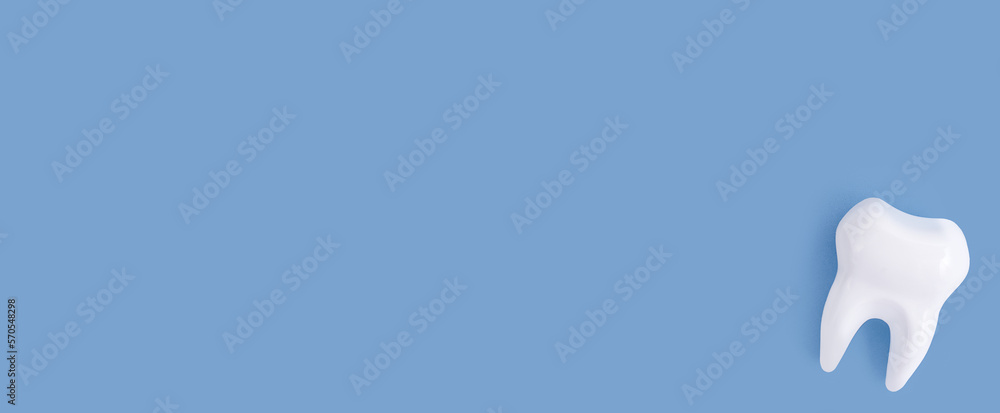 The concept of dentistry. White tooth on a blue background. Dental background. Flat lay, top view. Banner. Copy space. The concept of dentistry. White tooth on a blue background. Dental background. Flat lay, top view. Banner. Copy space.